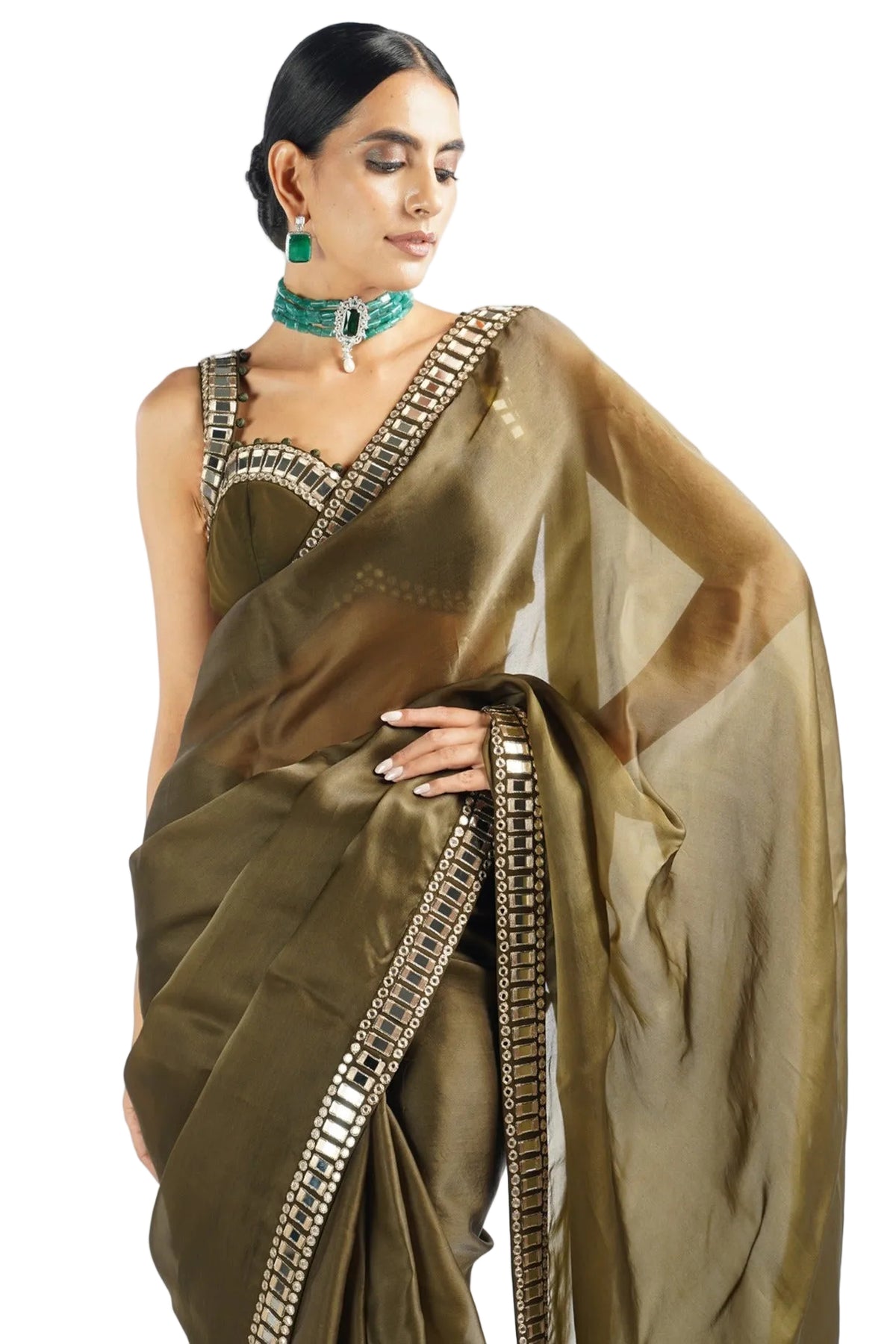 Life In Style Olive Green Satin Organza Saree with Georgette Blouse