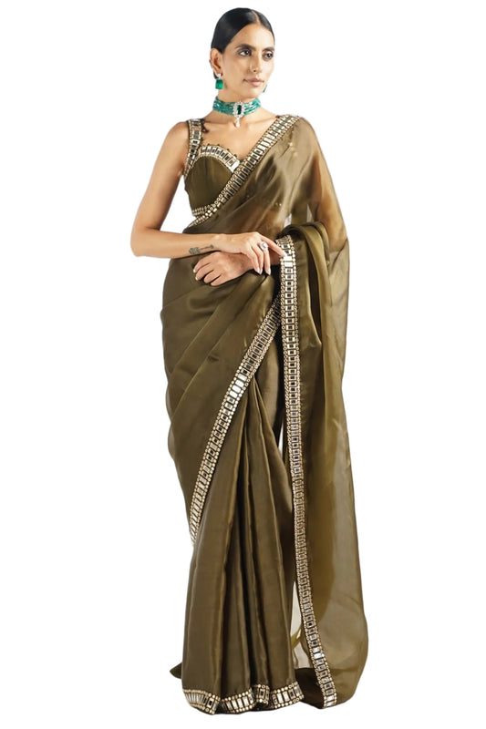 Life In Style Olive Green Satin Organza Saree with Georgette Blouse