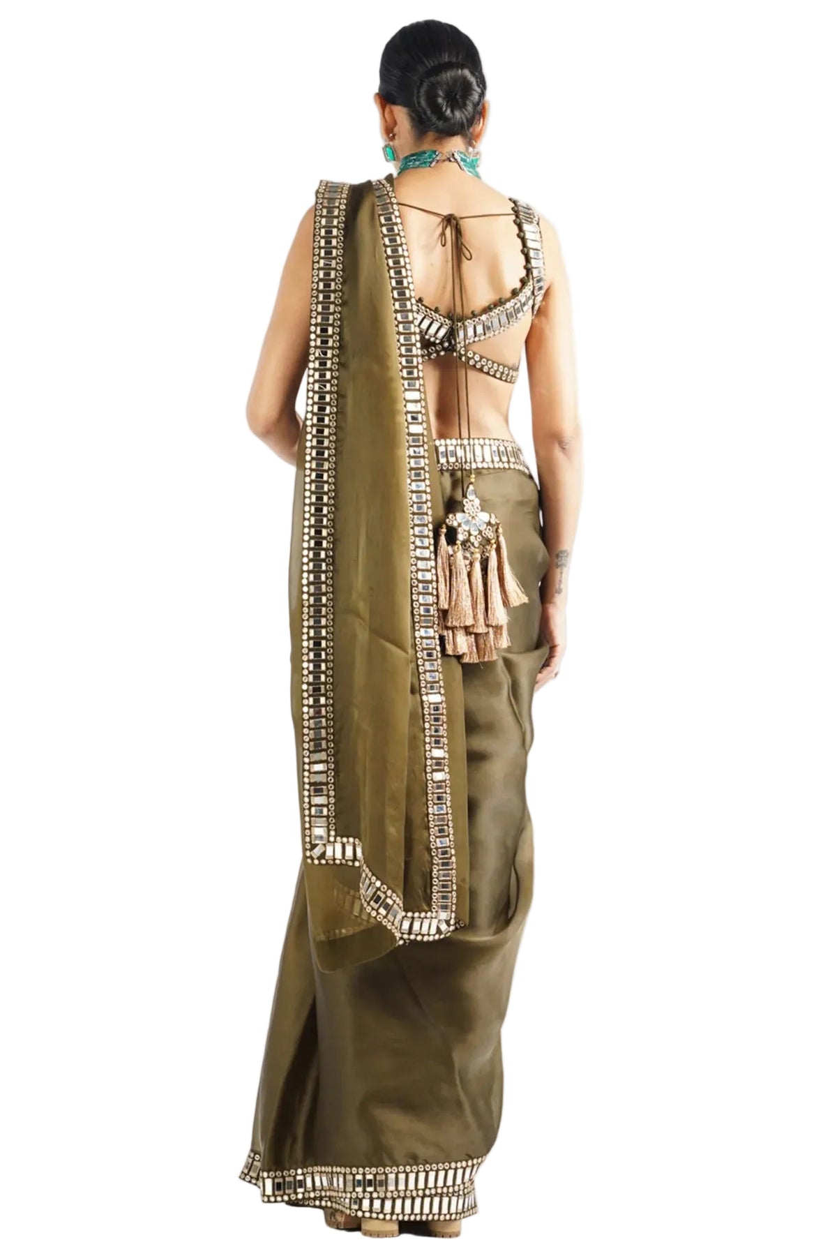 Life In Style Olive Green Satin Organza Saree with Georgette Blouse