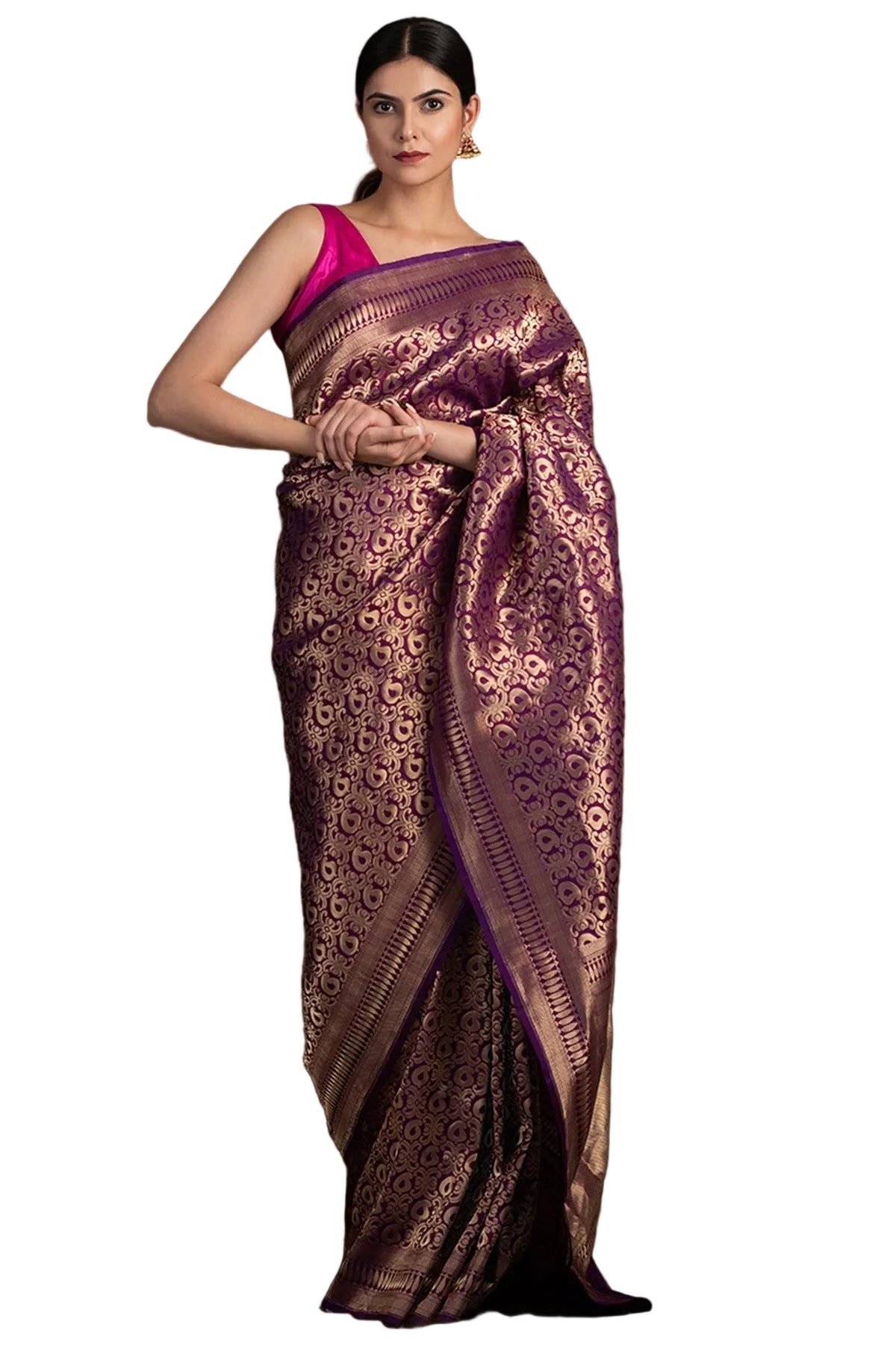 Life In Style Purple & Gold Pure Katan Silk Handloom Banarasi Saree
