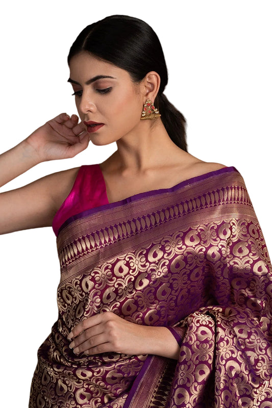 Life In Style Purple & Gold Pure Katan Silk Handloom Banarasi Saree