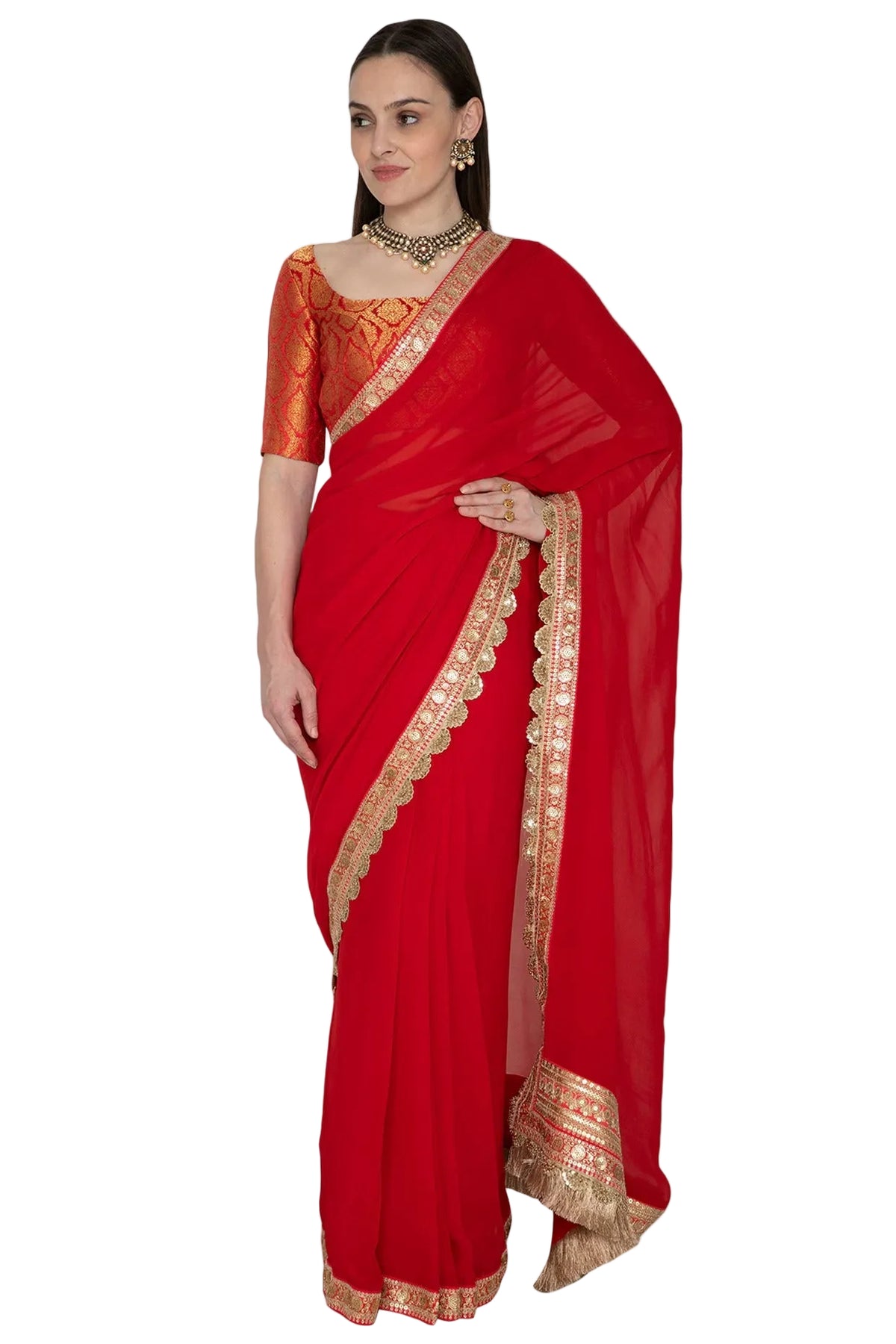 Life In Style Red Designer Saree with Brocade Silk Blouse and Embellished Border