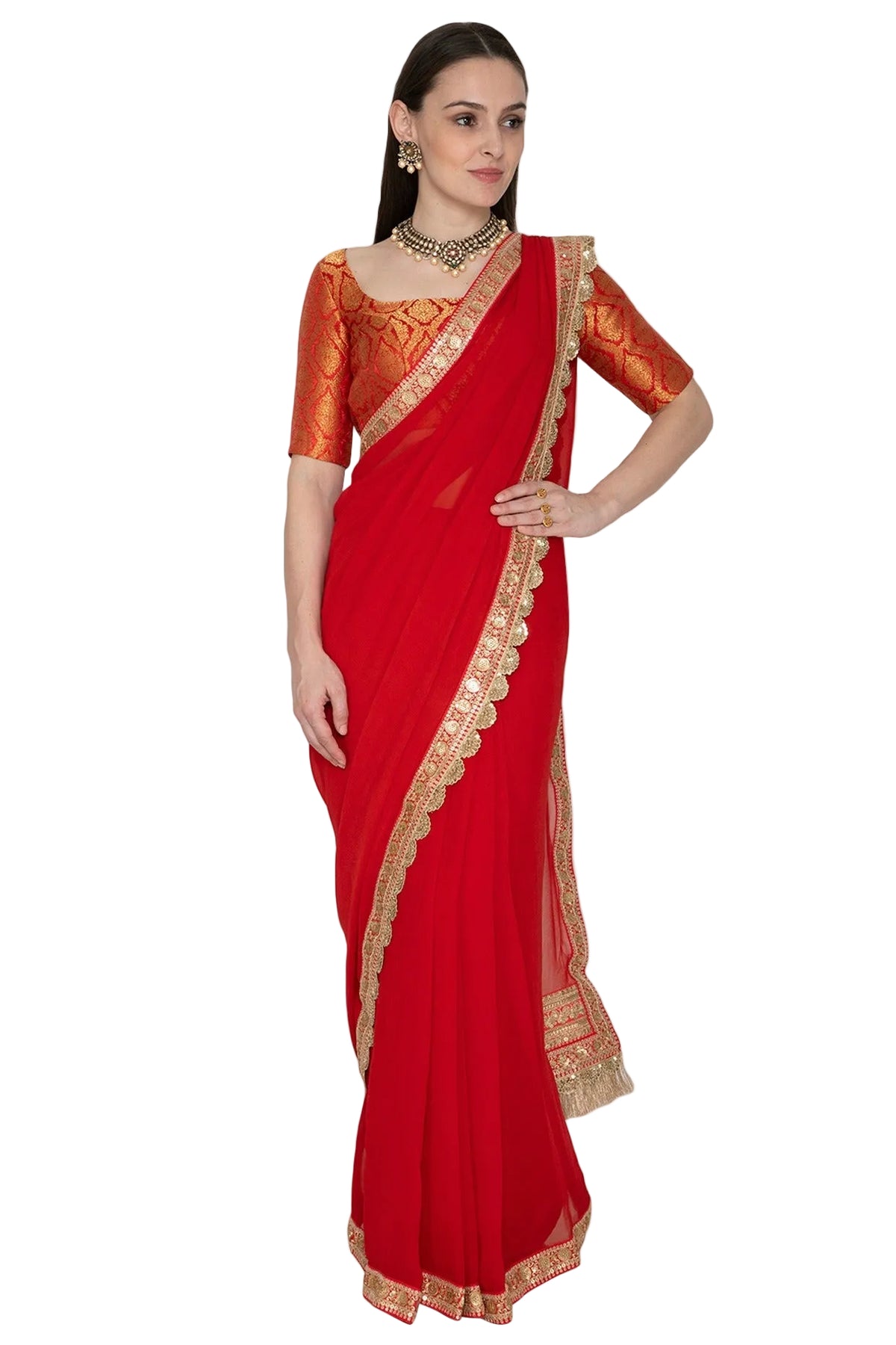 Life In Style Red Designer Saree with Brocade Silk Blouse and Embellished Border