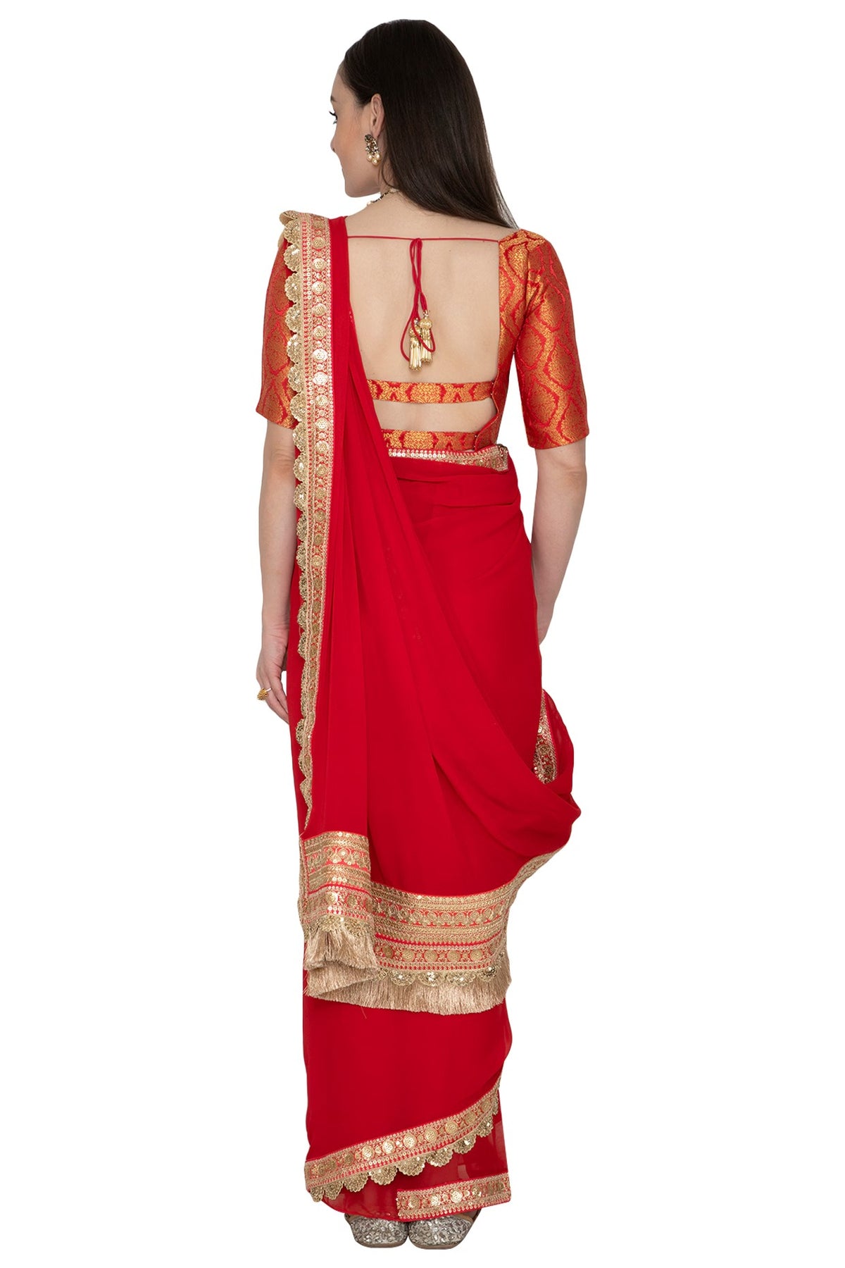 Life In Style Red Designer Saree with Brocade Silk Blouse and Embellished Border