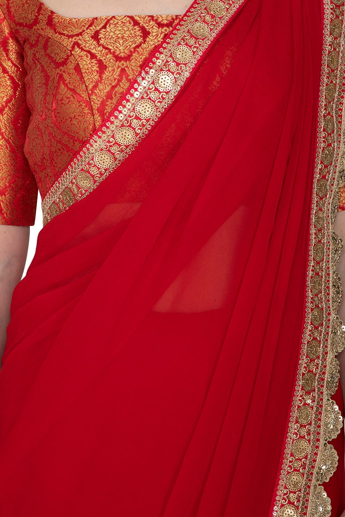 Life In Style Red Designer Saree with Brocade Silk Blouse and Embellished Border