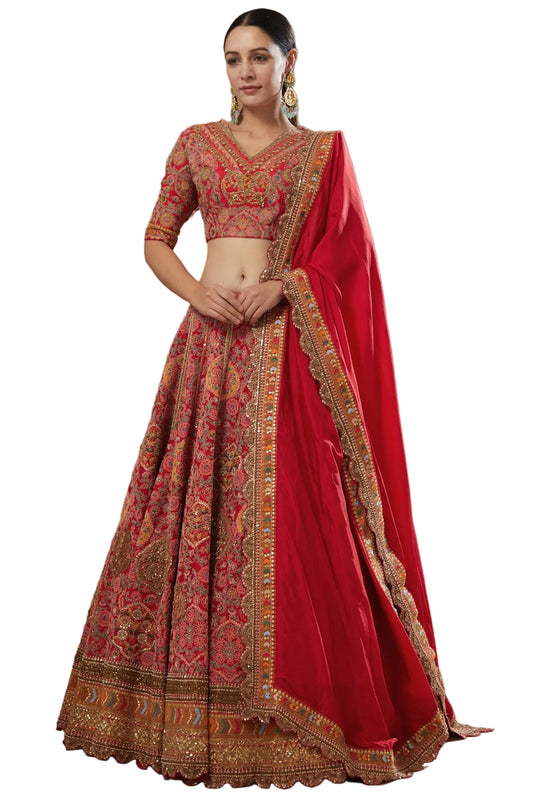 Life In Style Red Embellished Lehenga Choli Set with Dupatta