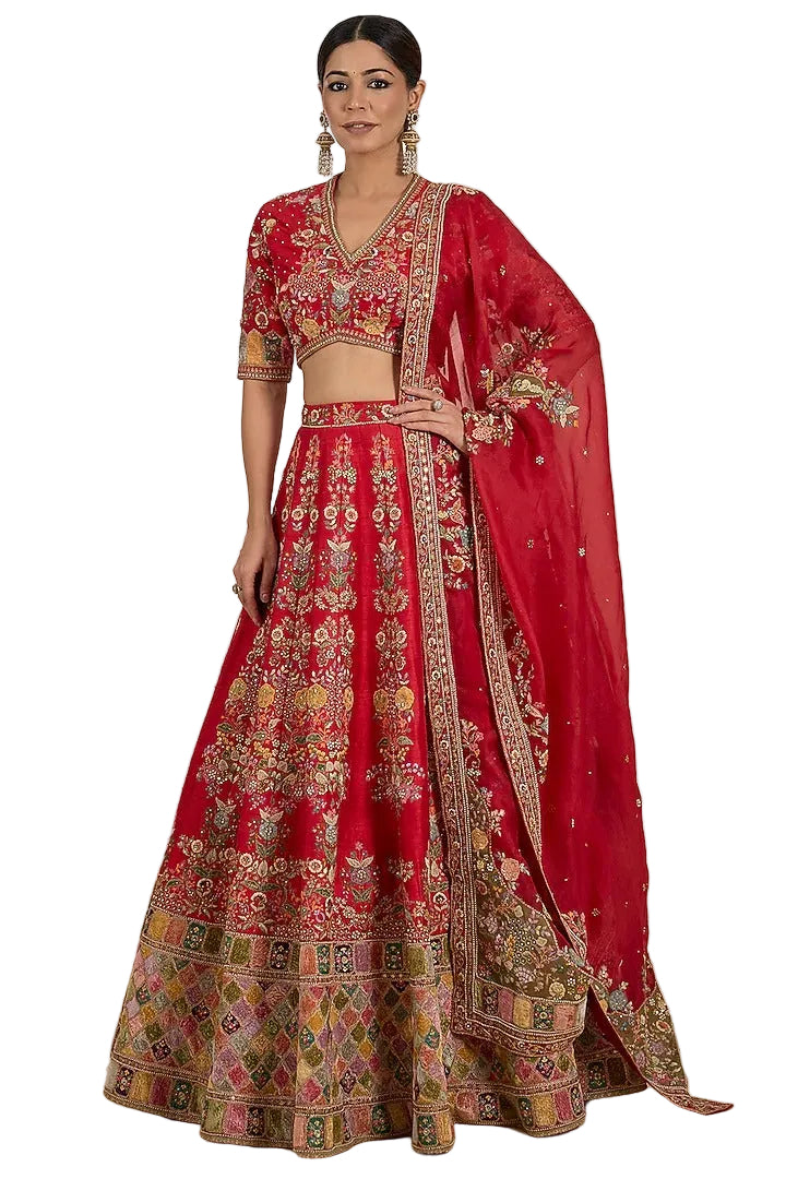 Life In Style Red Embroidered Lehenga Choli Set with Dupatta