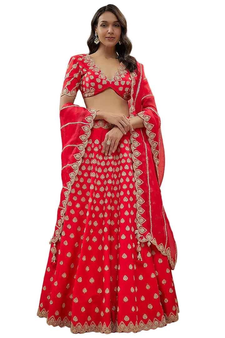 Life In Style Red Embroidered Spun Silk Lehenga Choli Set with Dupatta