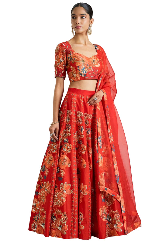 Life In Style Red Floral Silk Lehenga Choli Set with Dupatta