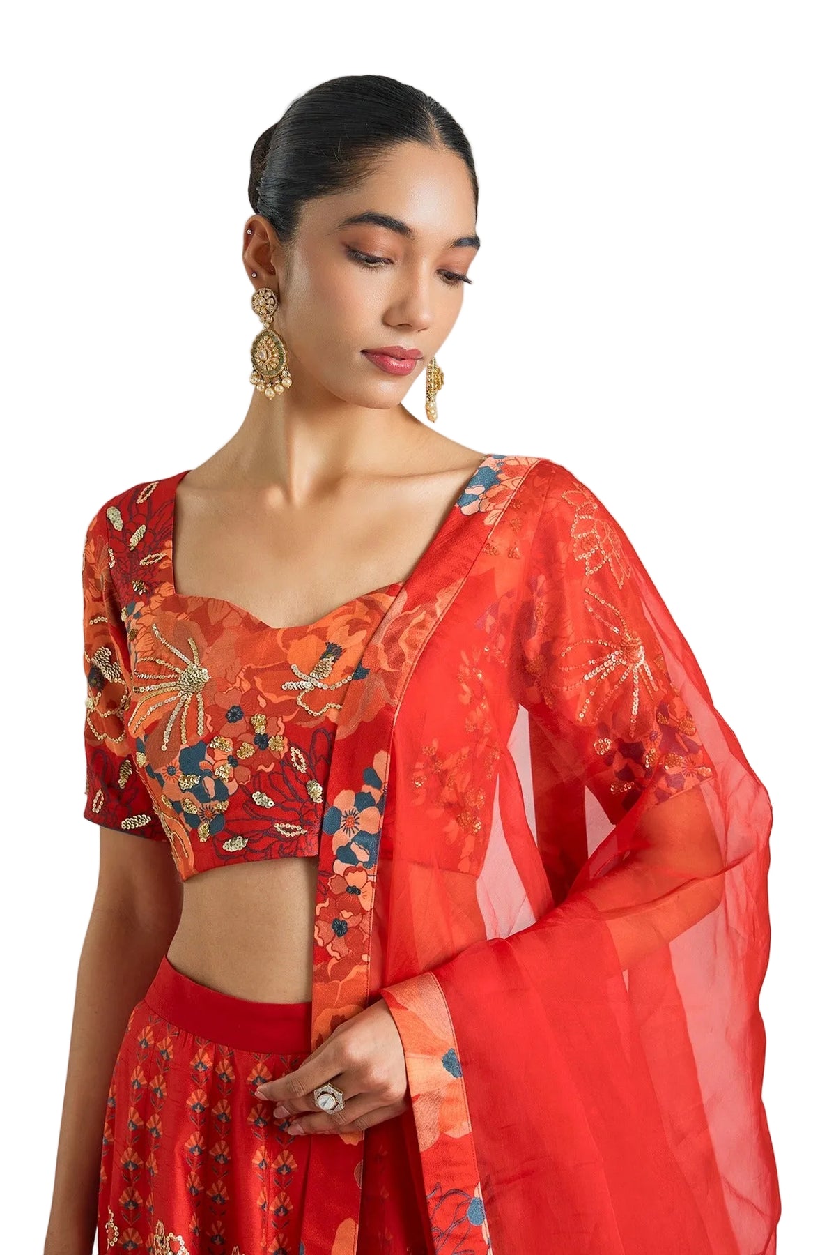 Life In Style Red Floral Silk Lehenga Choli Set with Dupatta
