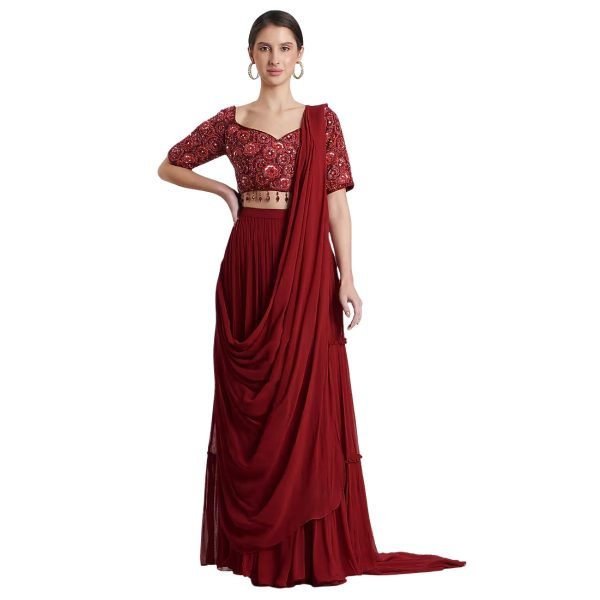 Ready-to-Wear Maroon Lehenga Saree with Embroidered Blouse (1)