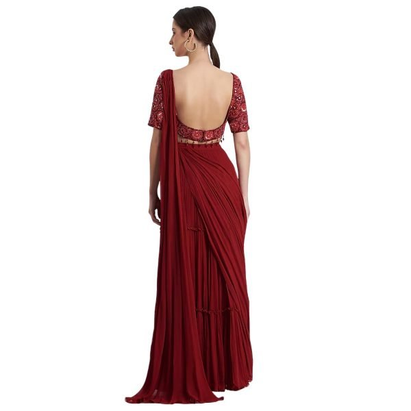 Ready-to-Wear Maroon Lehenga Saree with Embroidered Blouse (2)