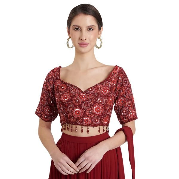 Ready-to-Wear Maroon Lehenga Saree with Embroidered Blouse (3)